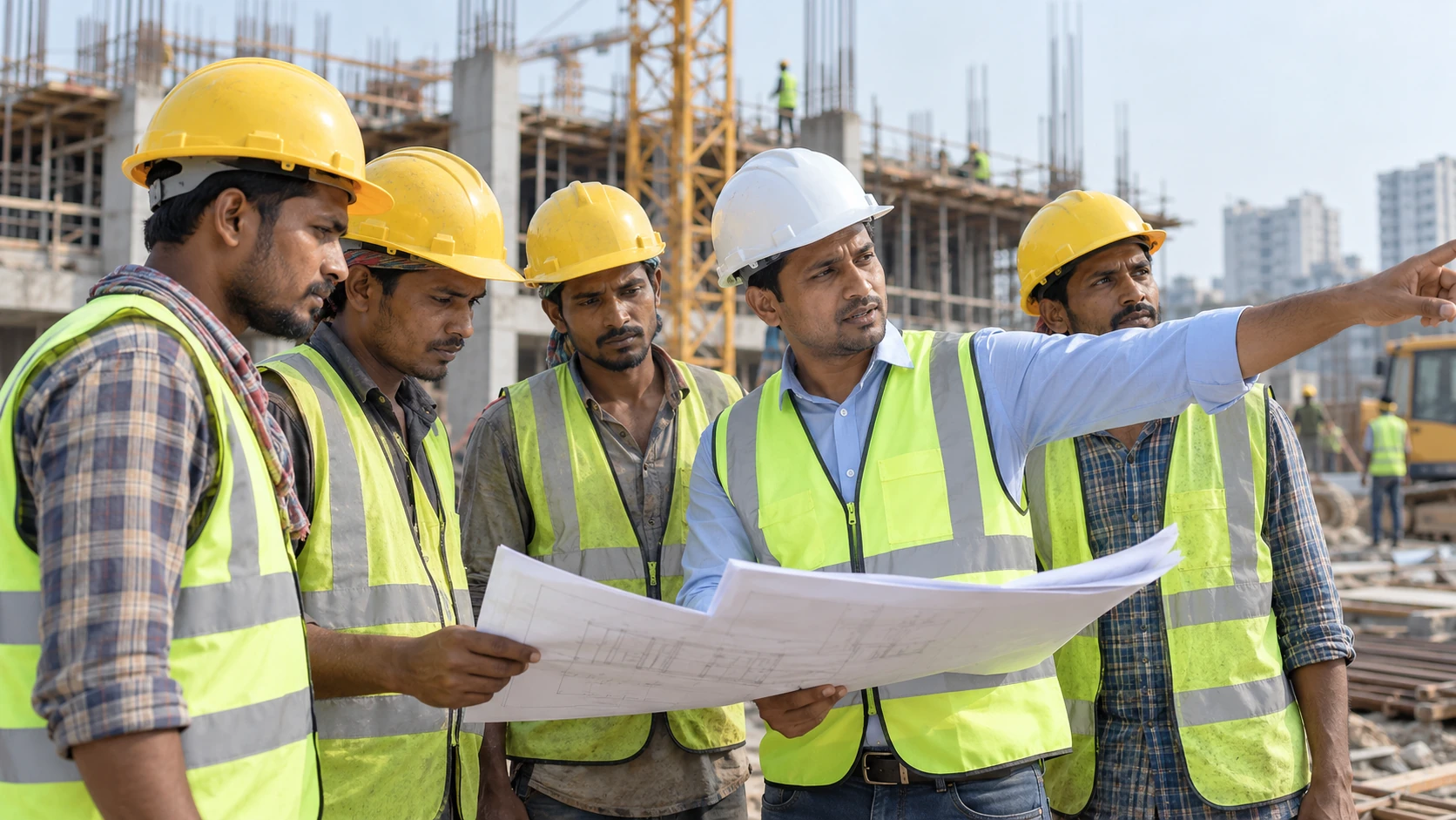 Illustrative construction professionals reviewing plans at a Bangladesh site