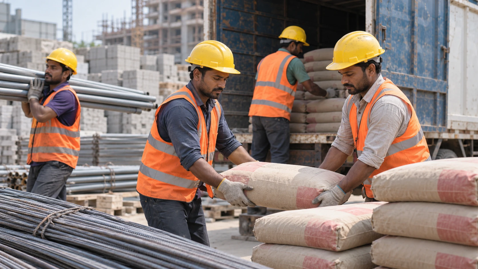 Illustrative Bangladesh construction supply team handling materials